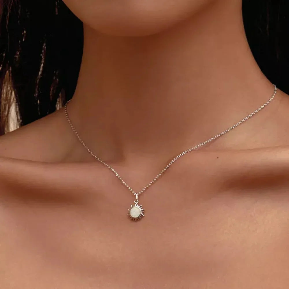 925 Sterling Silver White Opal Sun Pendant Necklace - Apollo Chain for Women