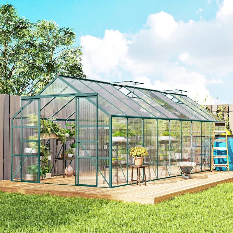 Aluminum Greenhouse Polycarbonate Walk-in Garden Greenhouse with Sliding Door, 20' x 8', Green