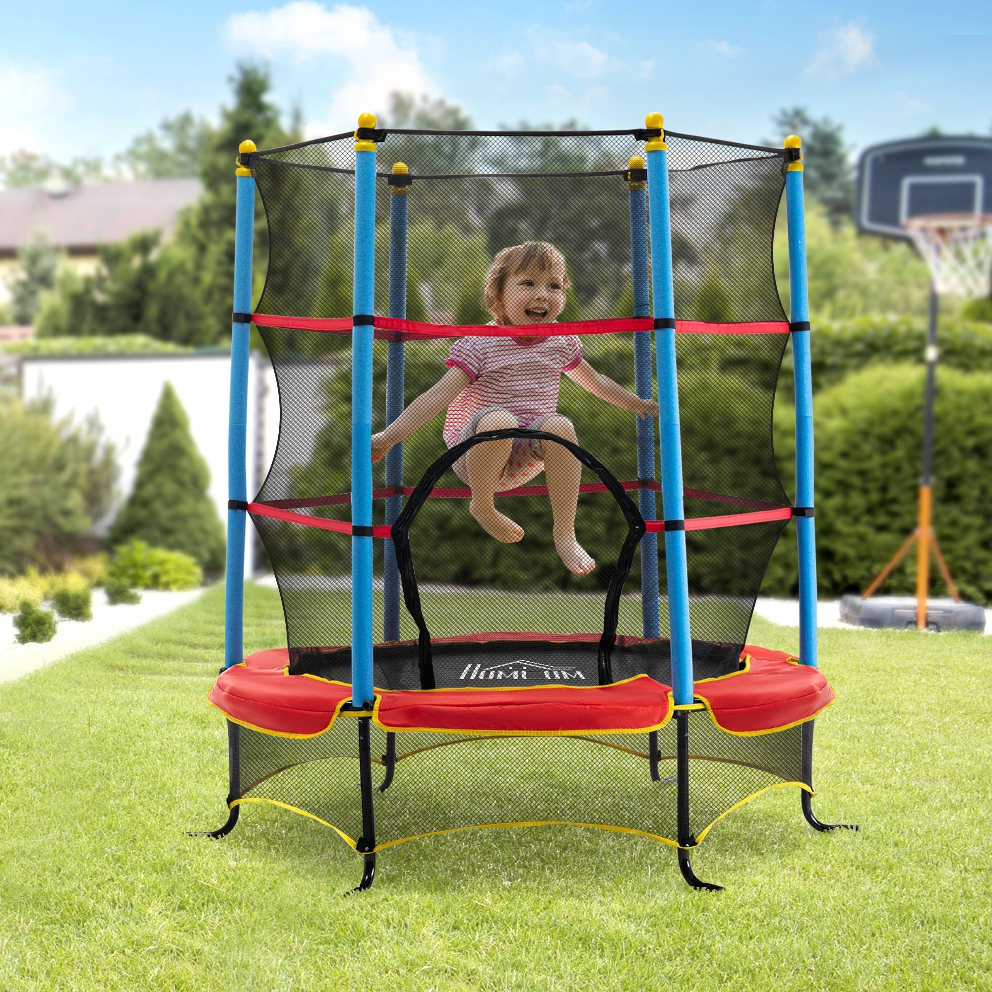 Qaba 65" Kids Mini Trampoline Safety Enclosure Net Zipper Pad Indoor Outdoor Bouncer Exercise Toy 3-6 Years
