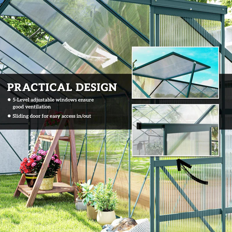 Aluminum Greenhouse Polycarbonate Walk-in Garden Greenhouse with Sliding Door, 20' x 8', Green