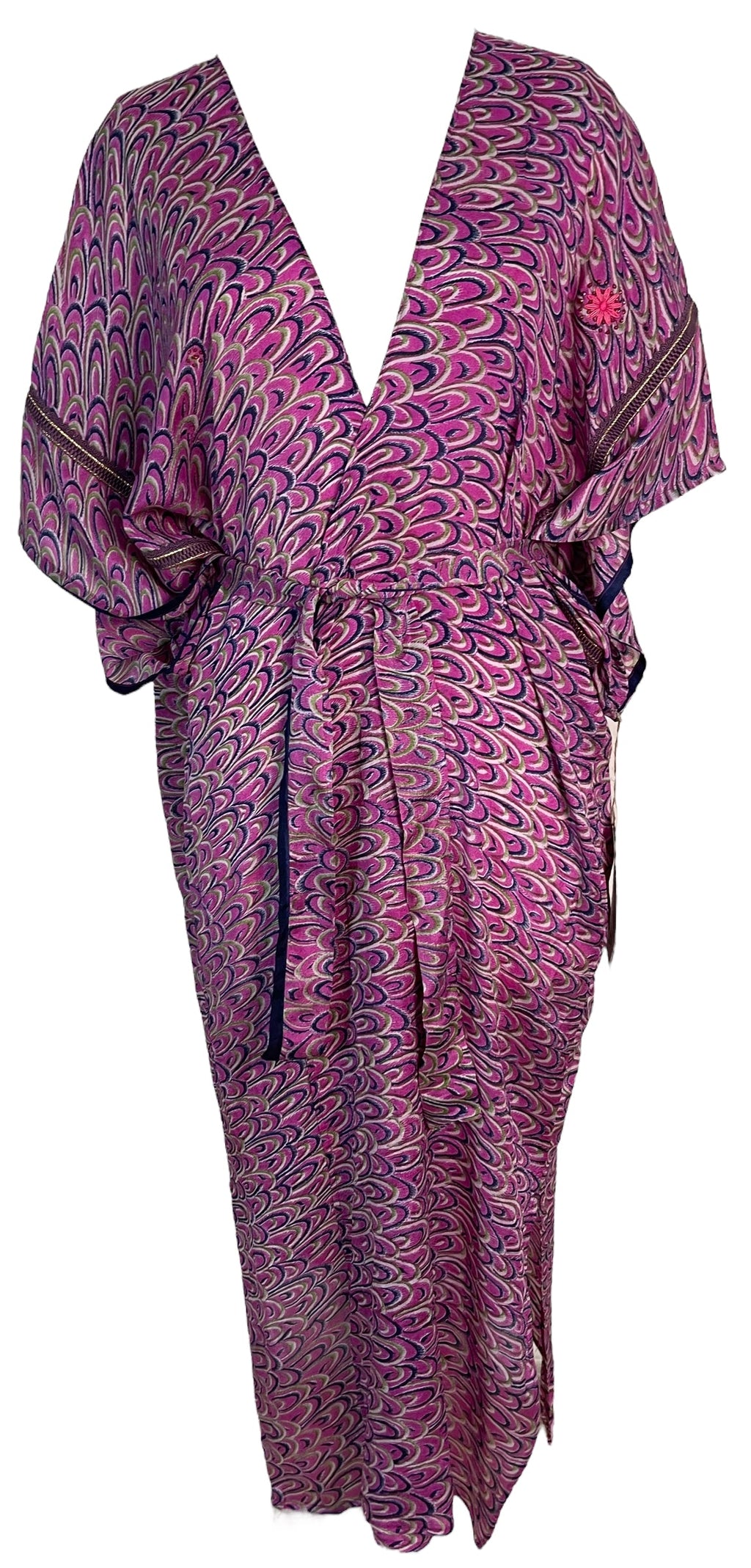 PRC6191 Avatar Long Pure Silk Kimono Sleeved Duster with Belt