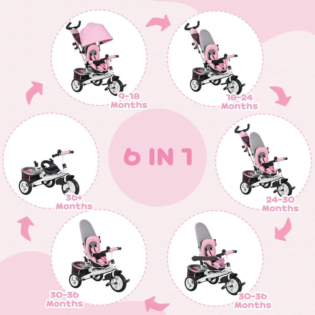 Qaba Convertible 4-in-1 Toddler Tricycle with Parent Handle for Kids 1-5 Years Outdoor Play Pink