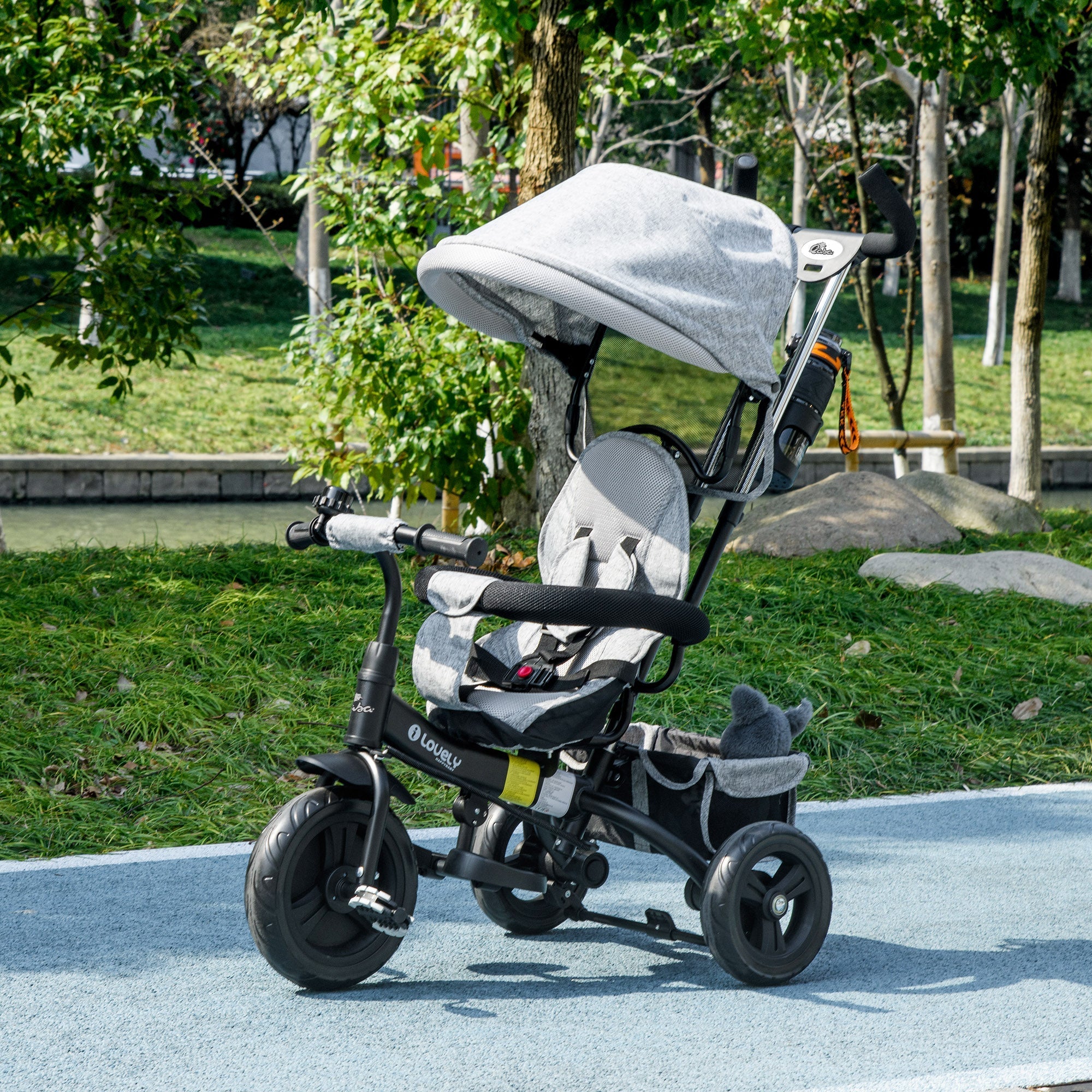 Qaba 4-in-1 Convertible Toddler Tricycle Stroller with Canopy Basket Safety Harness for Kids 12-60 Months Grey