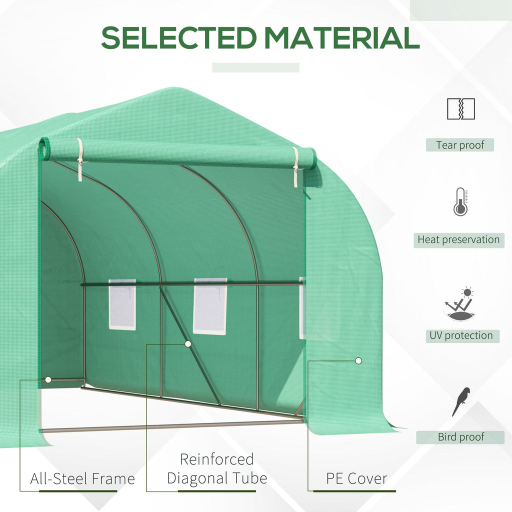 Outsunny 15' x 10' x 7' Walk-in Greenhouse Outdoor Plant Tunnel Warm Hot House w/ Roll Up Door and 6 Mesh Windows, Steel Frame, Green