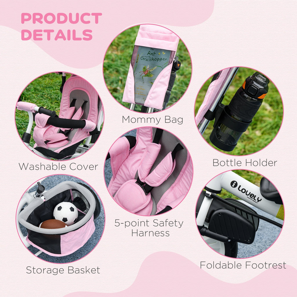 Qaba Convertible 4-in-1 Toddler Tricycle with Parent Handle for Kids 1-5 Years Outdoor Play Pink