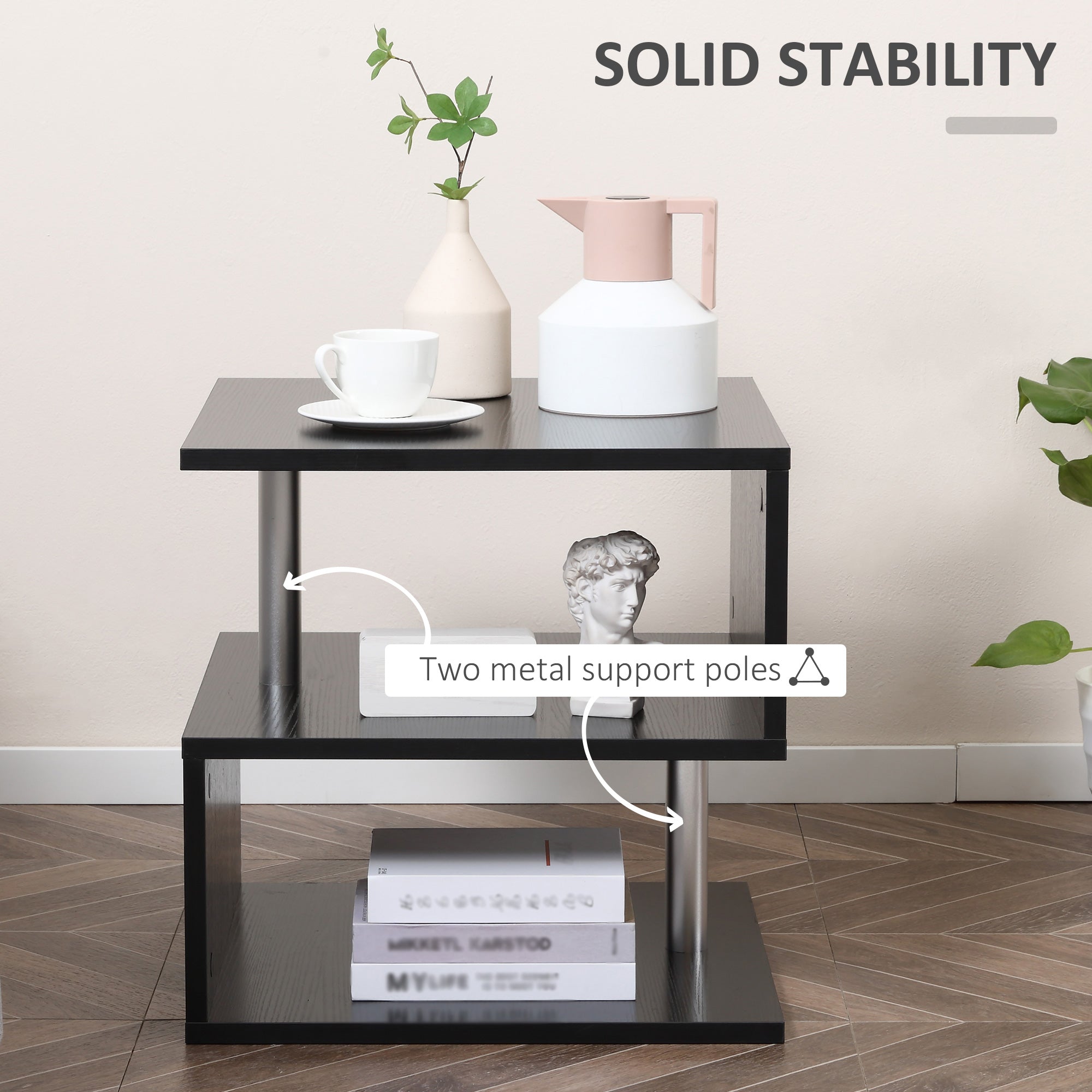 Caelan Wooden S Shape End Table with 3 Tier Storage Shelves-Black