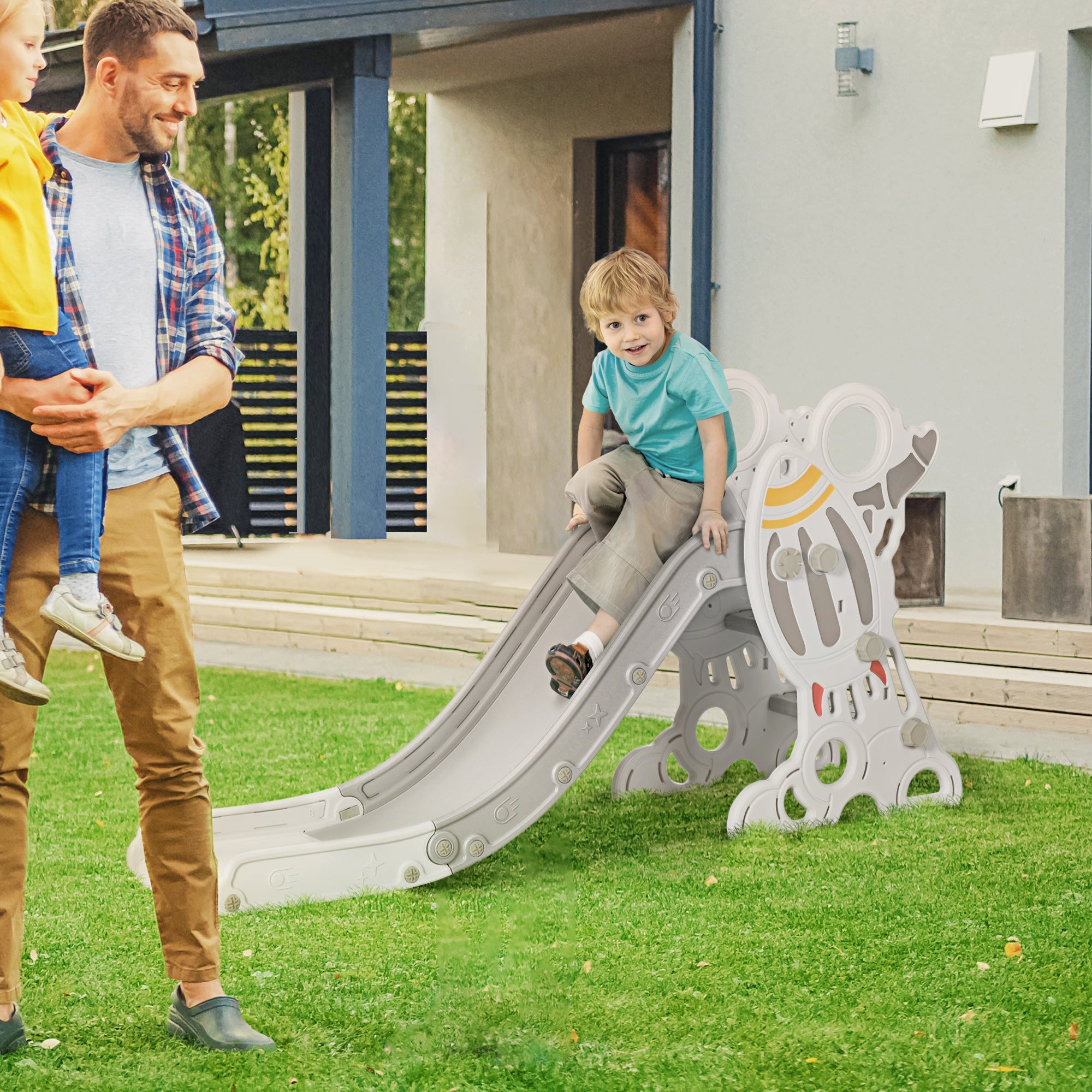 Qaba Space-Themed Indoor Playground Slide Climber Playset Toys for Toddlers 1.5-3 Years Old Grey Color