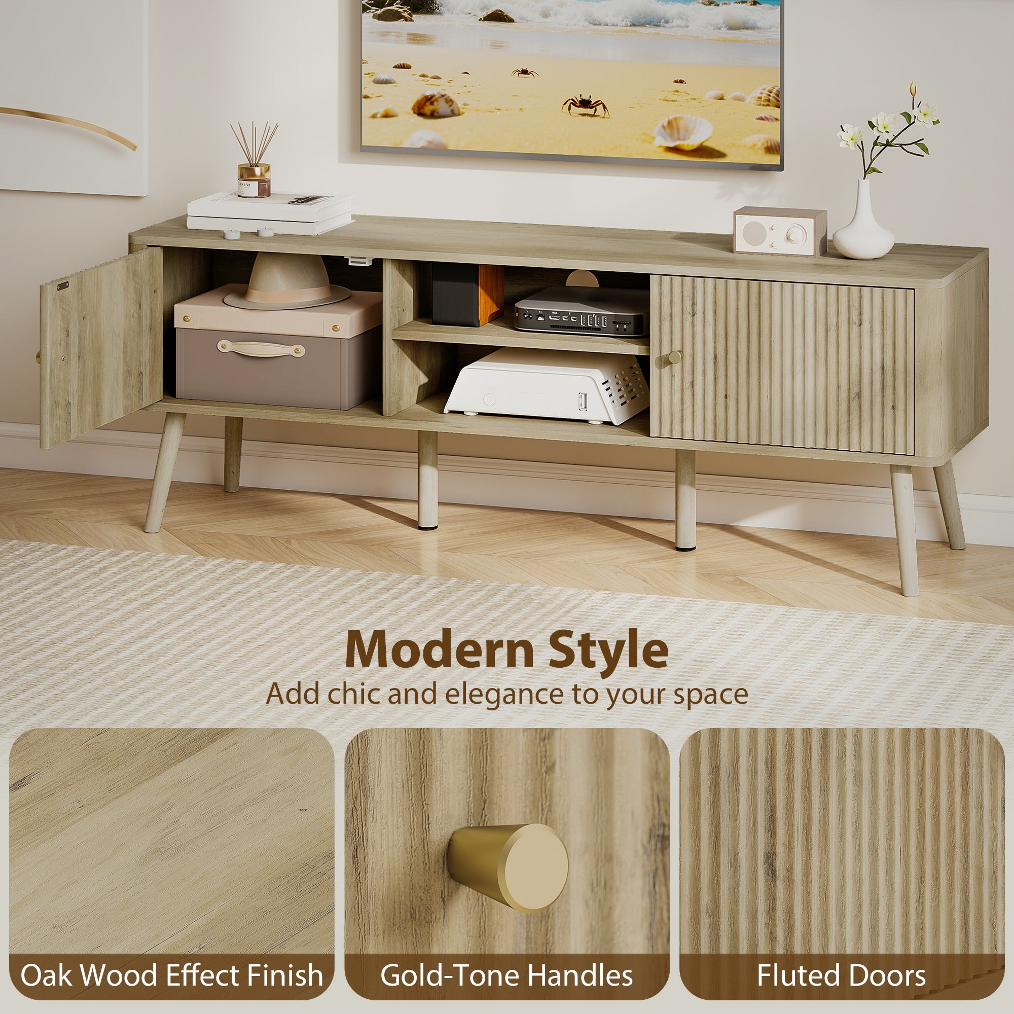 Birch TV Stand for Televisions up to 65" with Adjustable Shelves and Pine Wood Legs-Oak