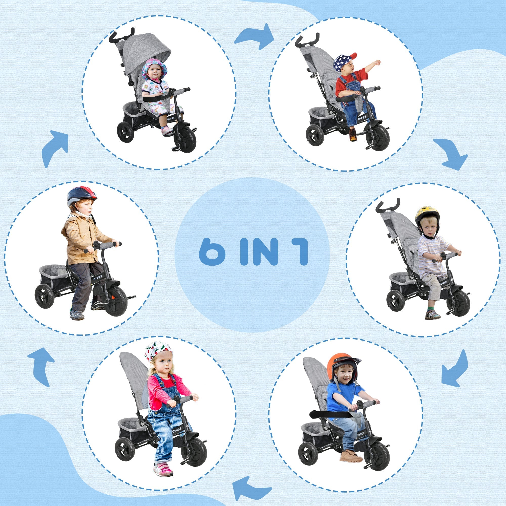 Qaba Convertible 4-in-1 Toddler Tricycle with Parent Handle for Kids 1-5 Years Outdoor Play Grey