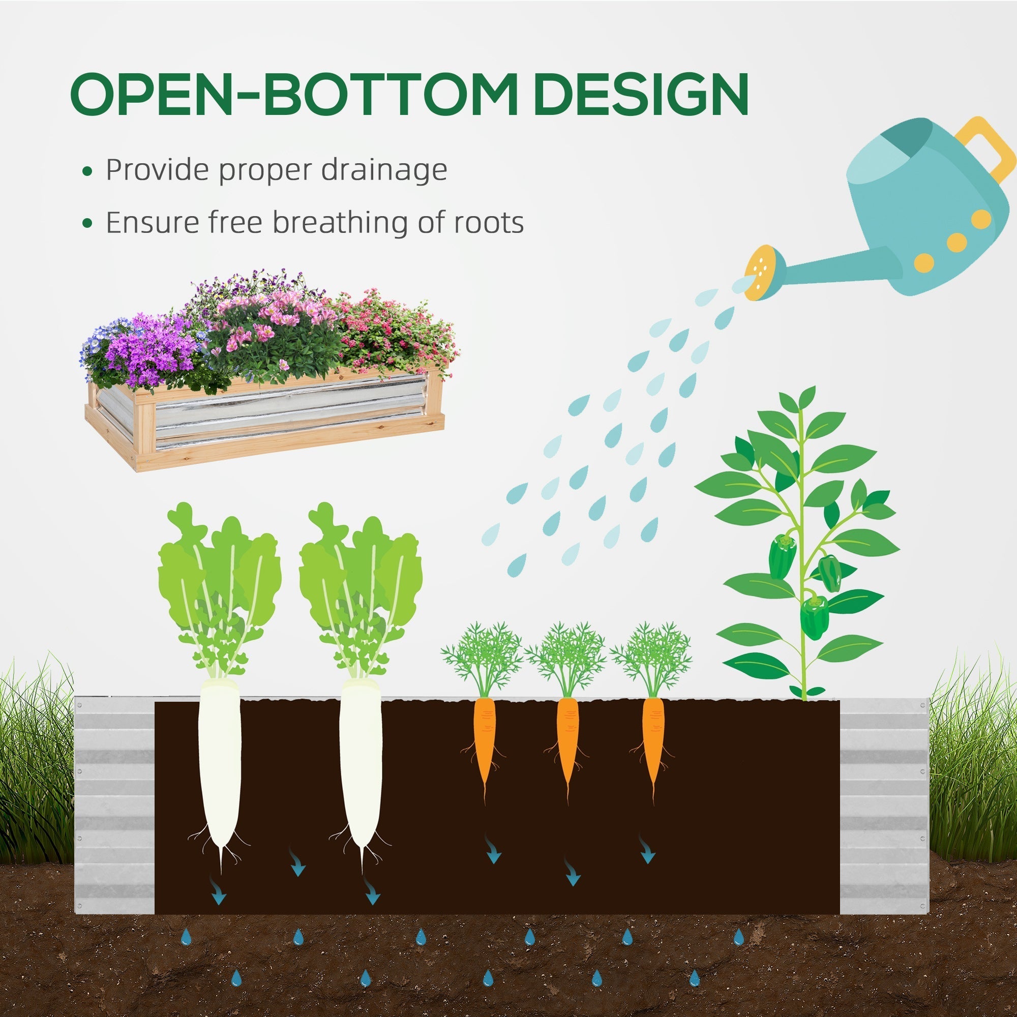 Outsunny 48"x24"x32" Raised Garden Flower Bed Wooden Cold Frame Planter Greenhouse Pointed Open Roofs Natural
