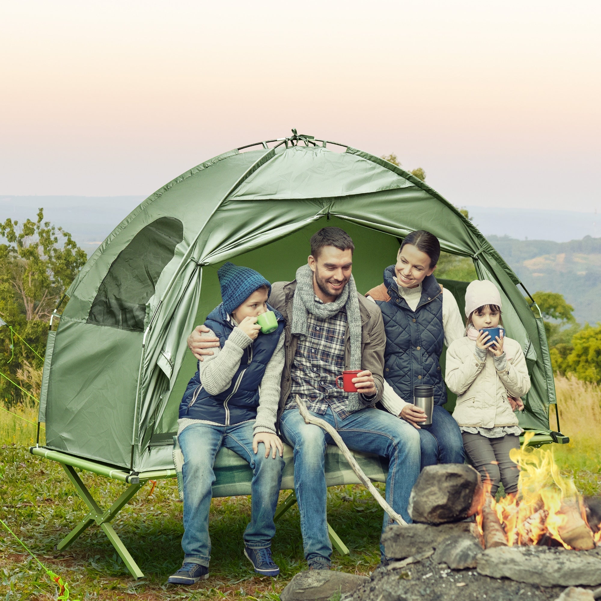 Outsunny Pop Up Camping Cot Tent Combo Set Portable Folding Outdoor Elevated Bed Dark Green