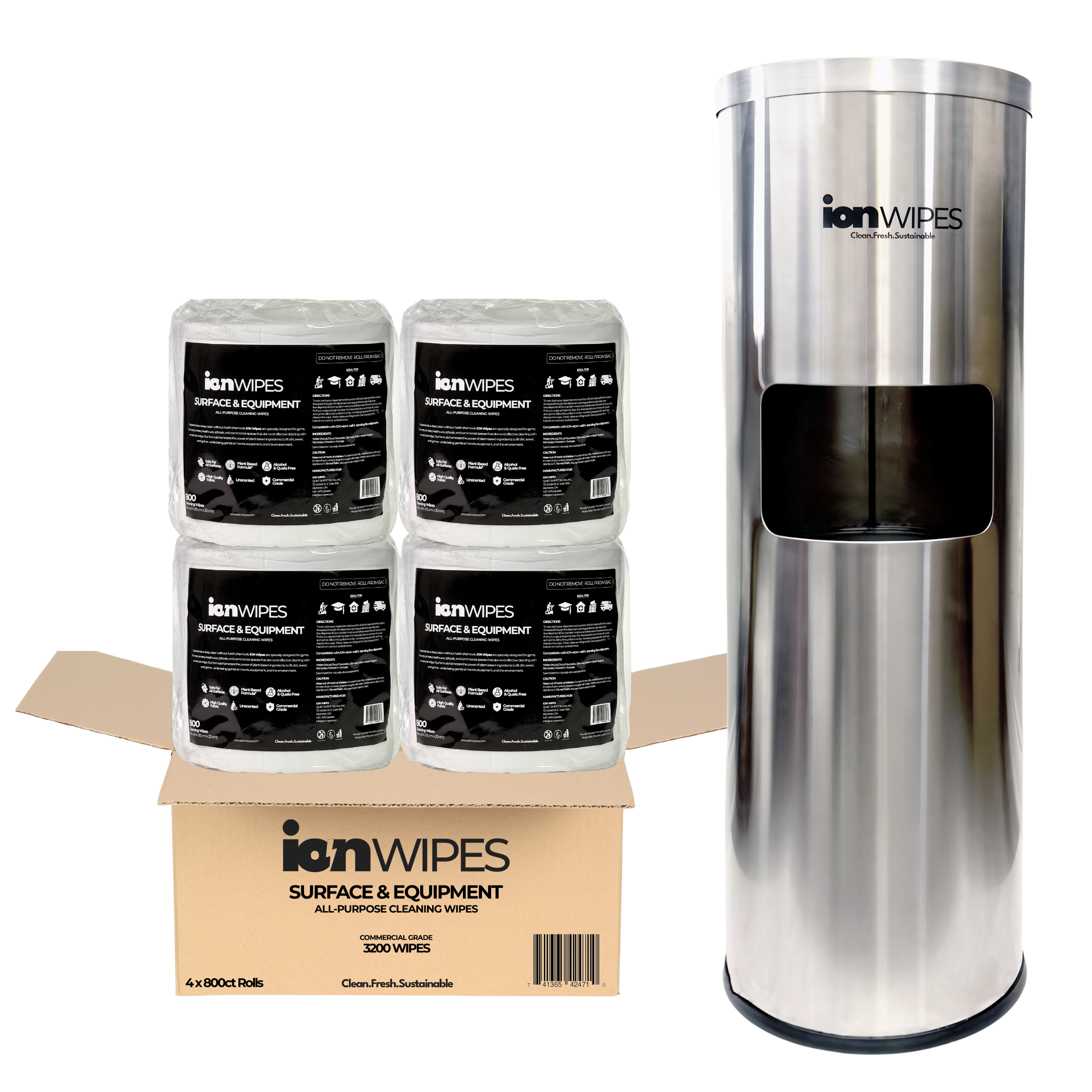 Gym Wipes with Stainless Steel Floor Stand Dispenser - 3200 Wipes (4 x 800)