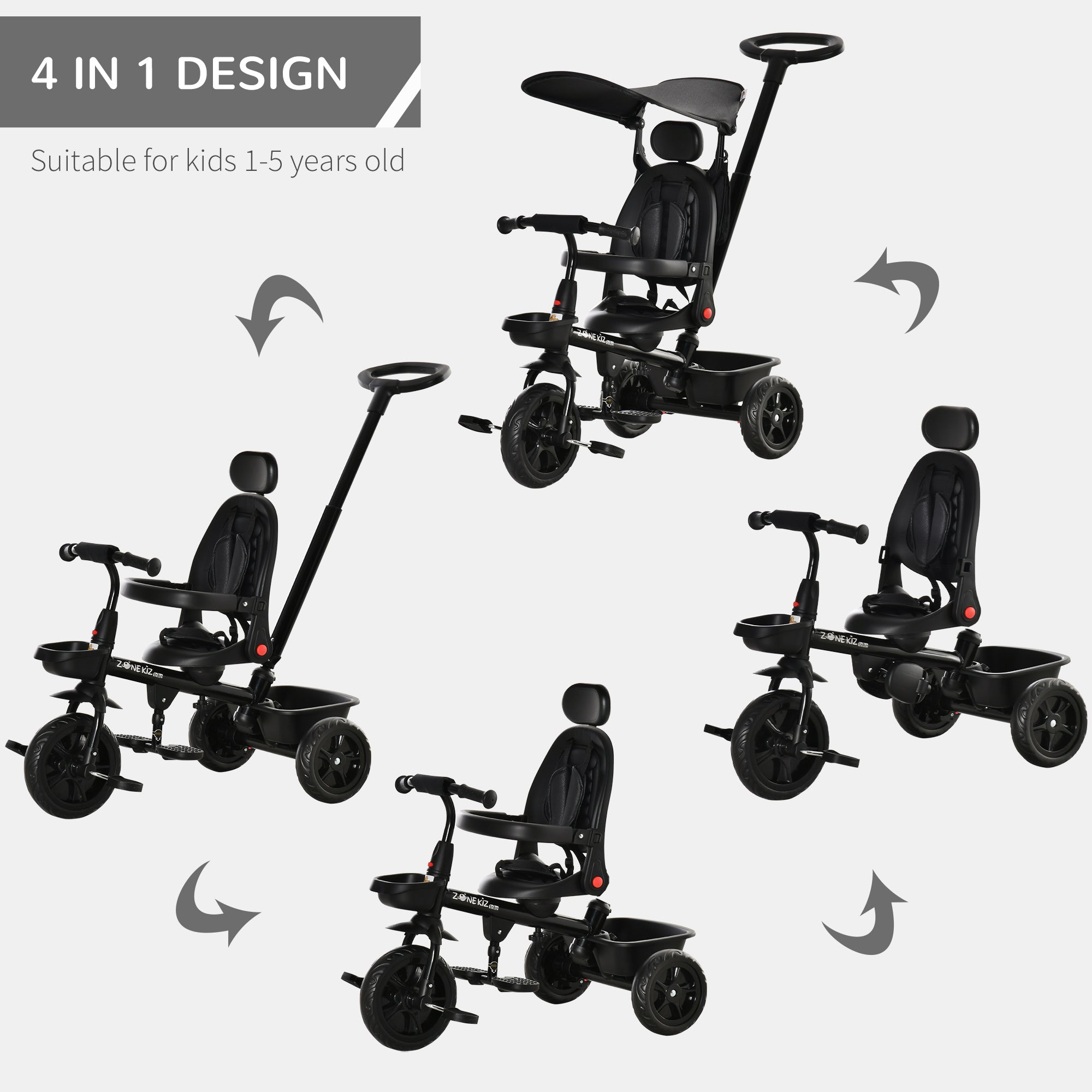 Qaba 4-in-1 Baby Tricycle Stroller with Reversible Seat, Adjustable Handle, Canopy, Safety Belt, Storage - Black