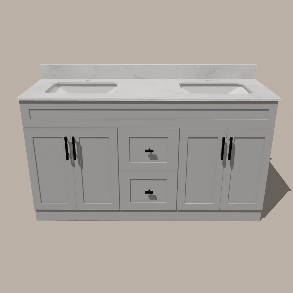 60-Inch Double Sink Shaker Bathroom Vanity — White or Gray | Plywood Cabinet, Solid-Wood Doors, Soft-Close 3-Way Clip-On Hinges | Center Drawers