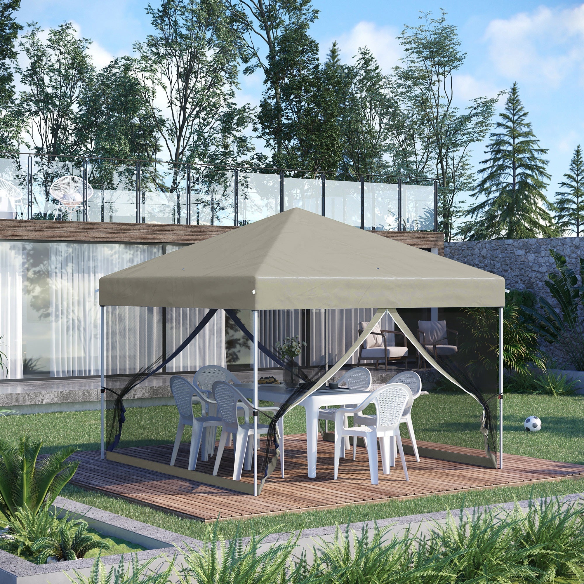 Outsunny 10' x 10' Pop-Up Party Tent Outdoor Canopy Tent with Mesh Sidewalls, 3-Level Adjustable Height, Roller Bag, Beige