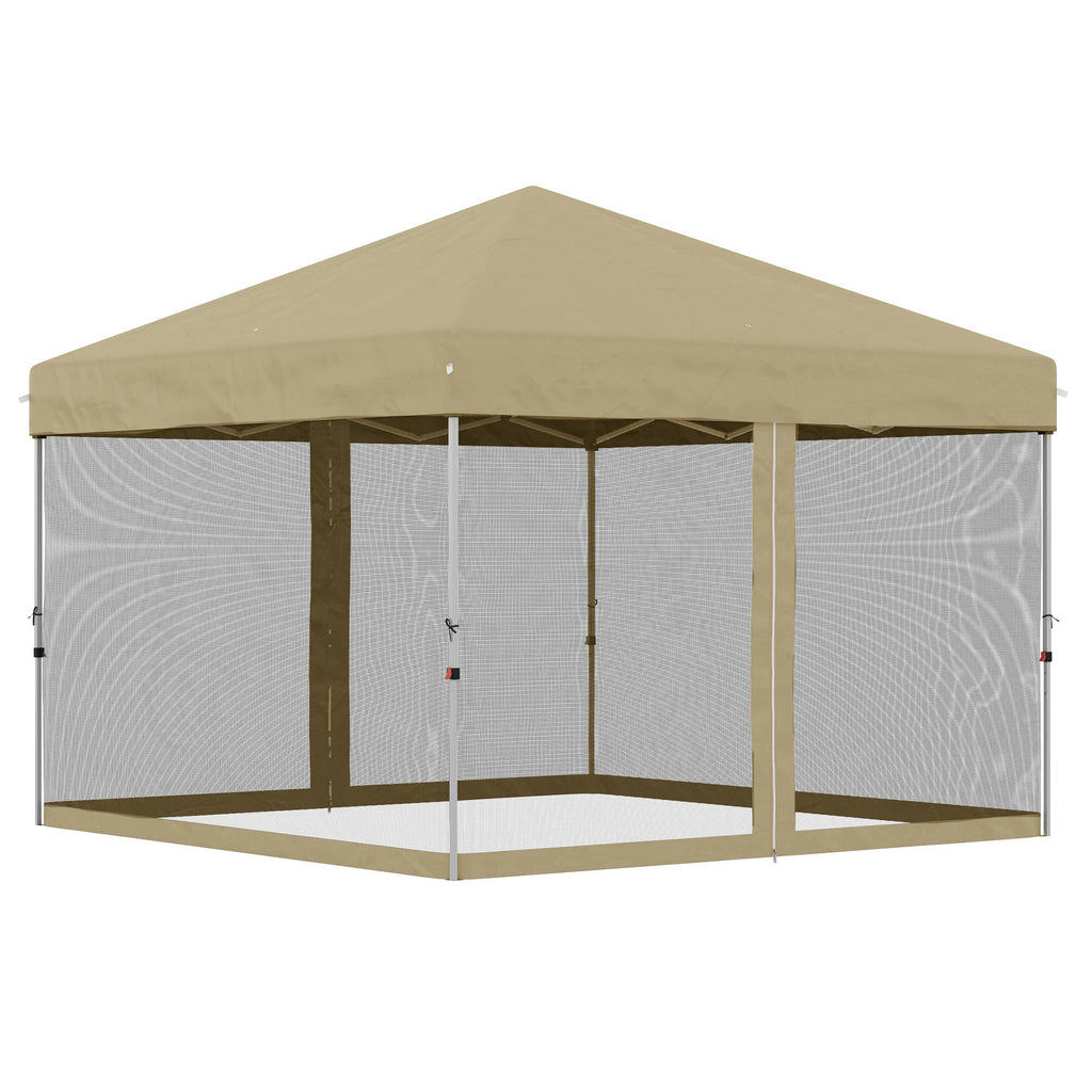 Outsunny 10' x 10' Pop-Up Party Tent Outdoor Canopy Tent with Mesh Sidewalls, 3-Level Adjustable Height, Roller Bag, Khaki
