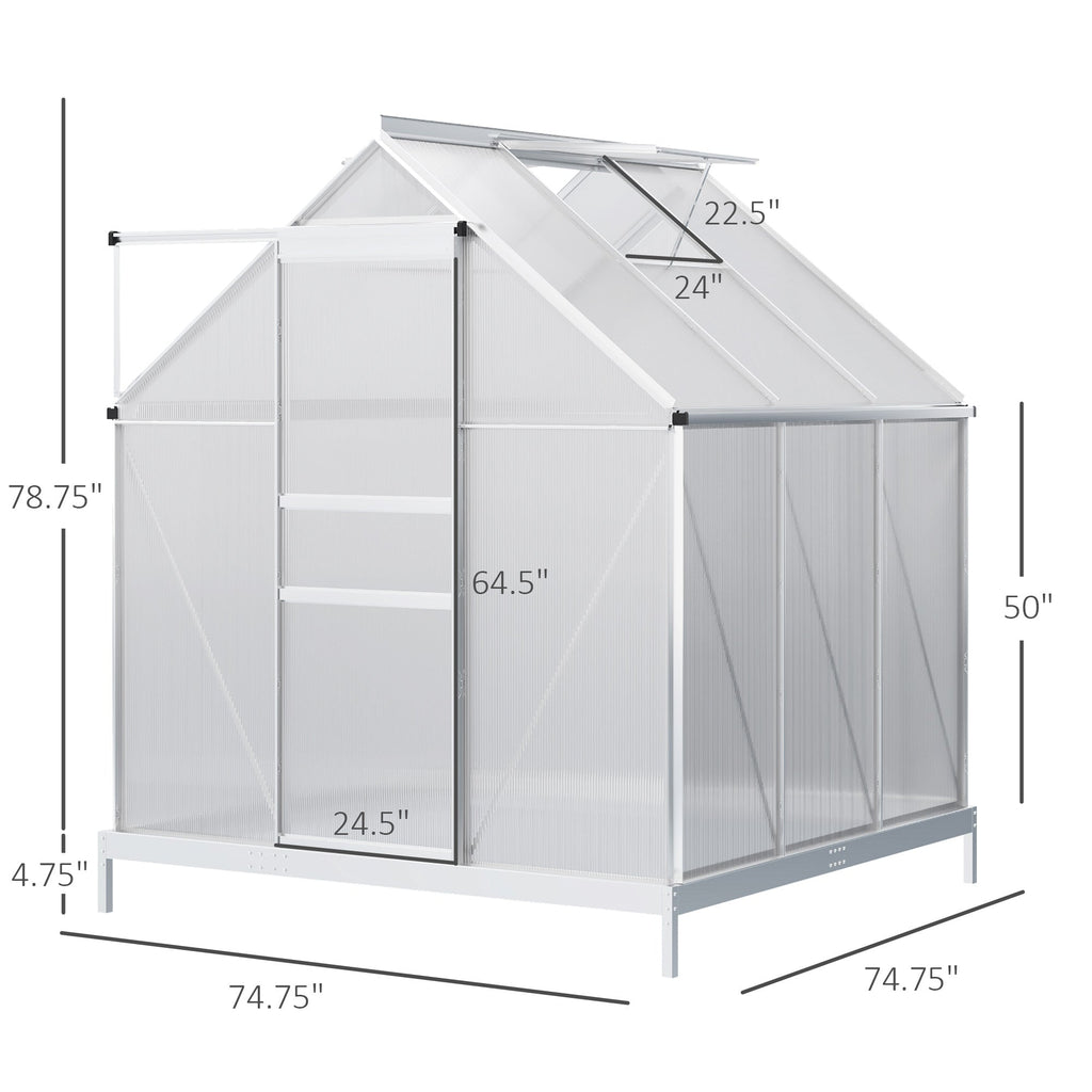 Outsunny 6' x 6' Aluminum Greenhouse Polycarbonate Walk-in Garden Greenhouse Kit with Adjustable Roof Vent, Rain Gutter  Sliding Door| Aosom Canada
