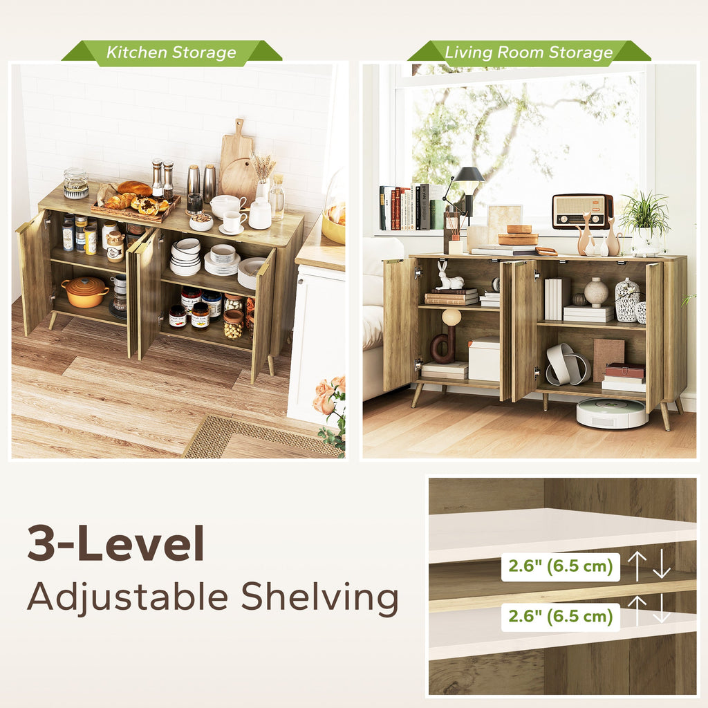 Rory 55" Modern Buffet Sideboard with 4 Fluted Doors and 2 Adjustable Shelves-Oak