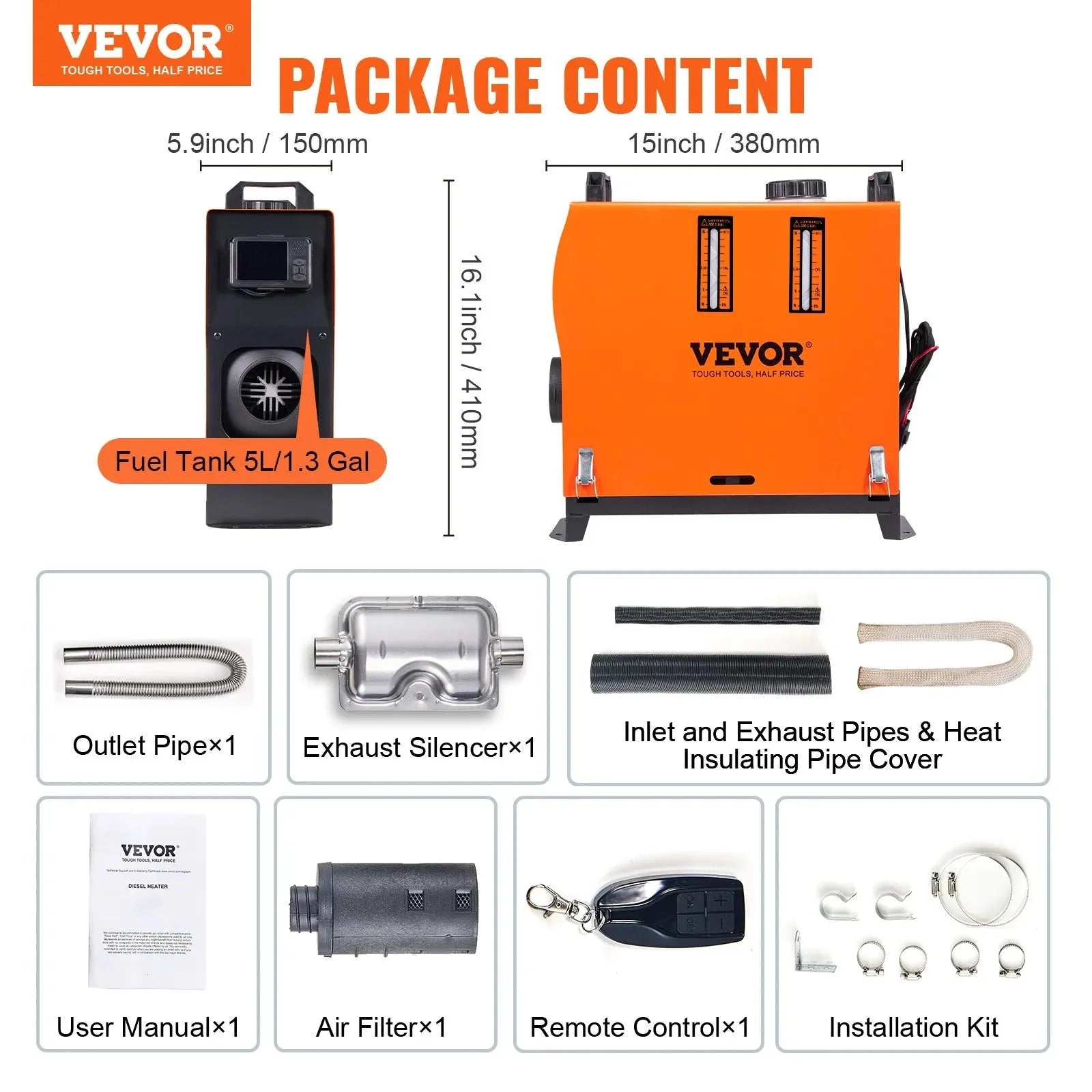 VEVOR 8KW Diesel Air Heater, Bluetooth App Control All-in-One Diesel Heater with Automatic Altitude Adjustment, Remote Control and LCD, Portable Parking Heater for RV, Trailer, Camper Van, Boat
