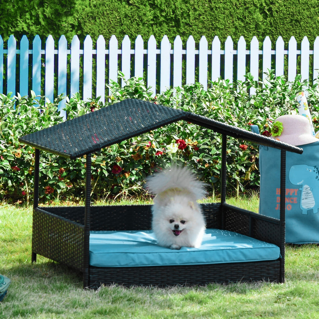 Outsunny PawHut Wicker Dog House Raised Rattan Pet Bed Indoor Outdoor Sofa with Cushion Medium Blue