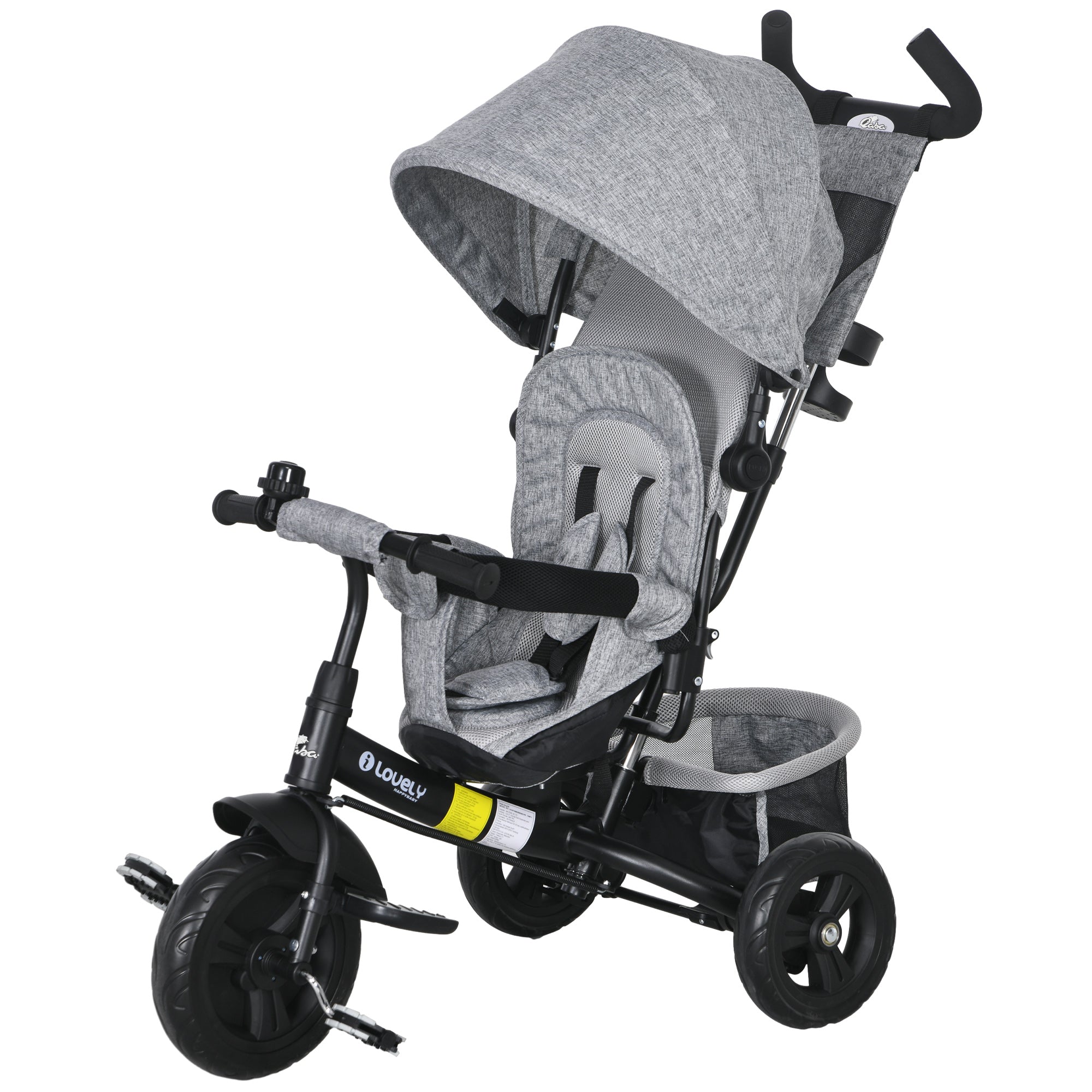 Qaba Convertible 4-in-1 Toddler Tricycle with Parent Handle for Kids 1-5 Years Outdoor Play Grey