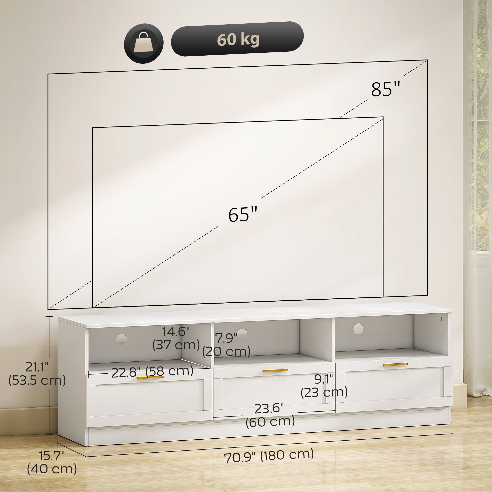 Dallas Modern TV Stand with Storage Drawers for TVs up to 85"-White