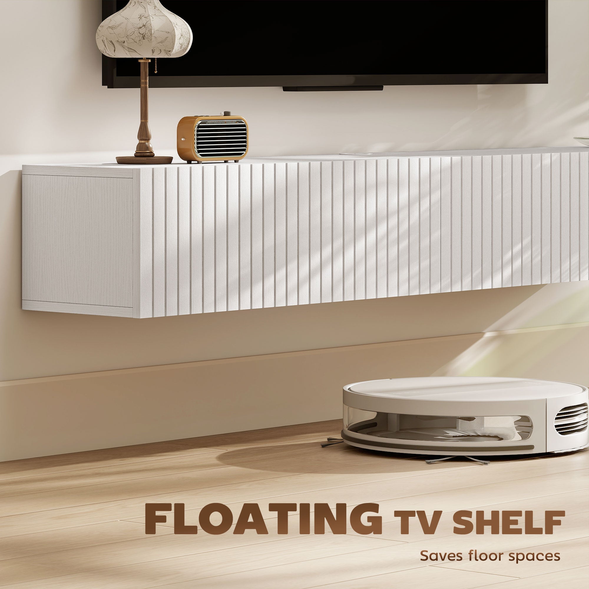 Jesse 55" Floating TV Stand with 2 Fluted Flip-Down Doors for TVs up to 72"-White