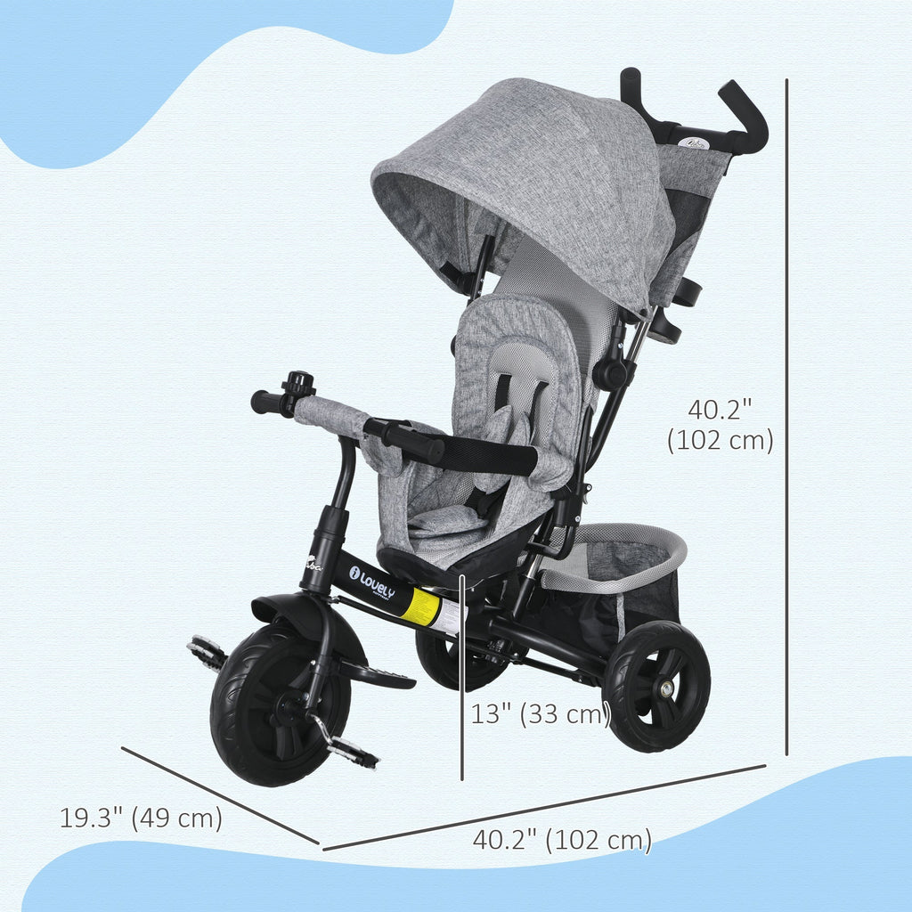 Qaba Convertible 4-in-1 Toddler Tricycle with Parent Handle for Kids 1-5 Years Outdoor Play Grey
