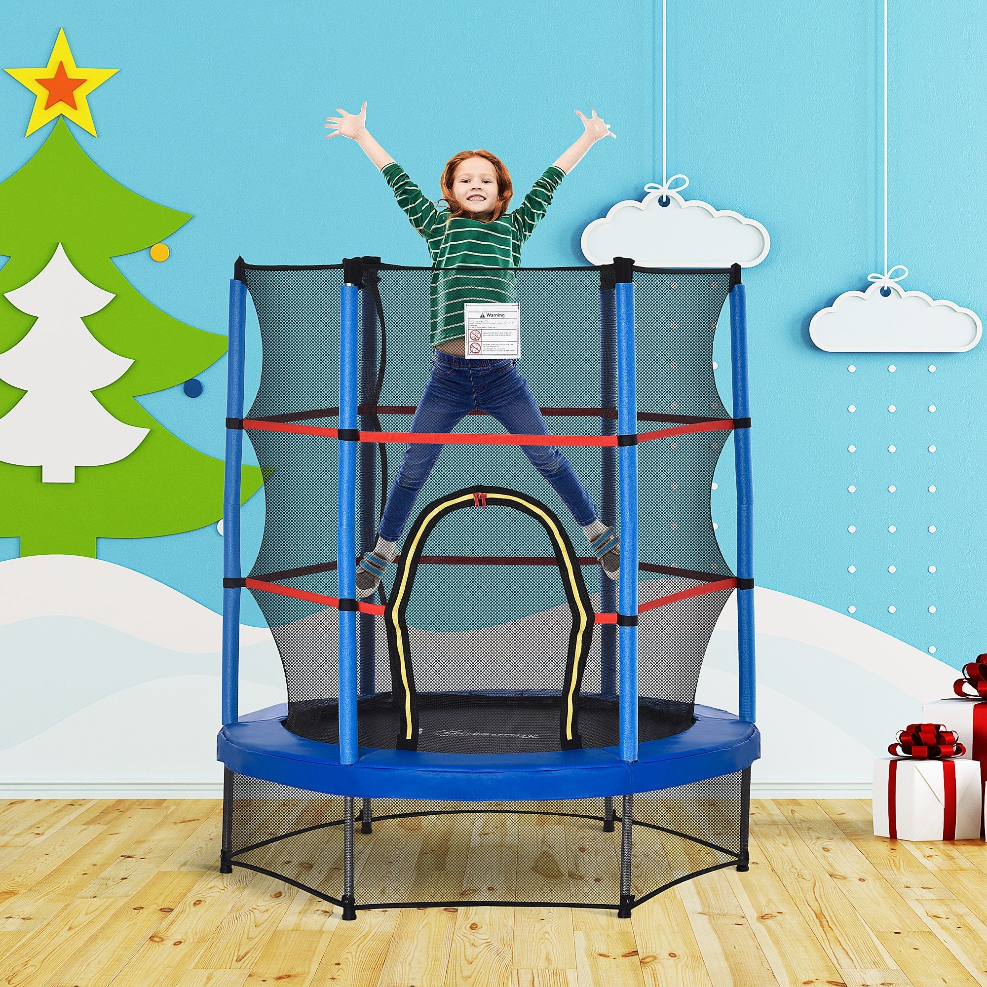 Outsunny 55" Kids Trampoline Enclosure Net Steel Frame Indoor Round Bouncer Rebounder 3-6 Years Blue Toy