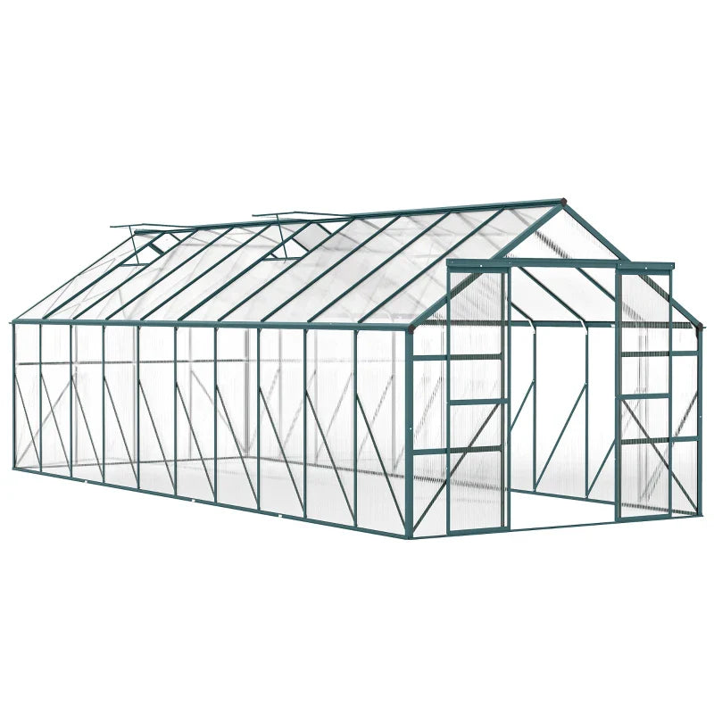 Aluminum Greenhouse Polycarbonate Walk-in Garden Greenhouse with Sliding Door, 20' x 8', Green