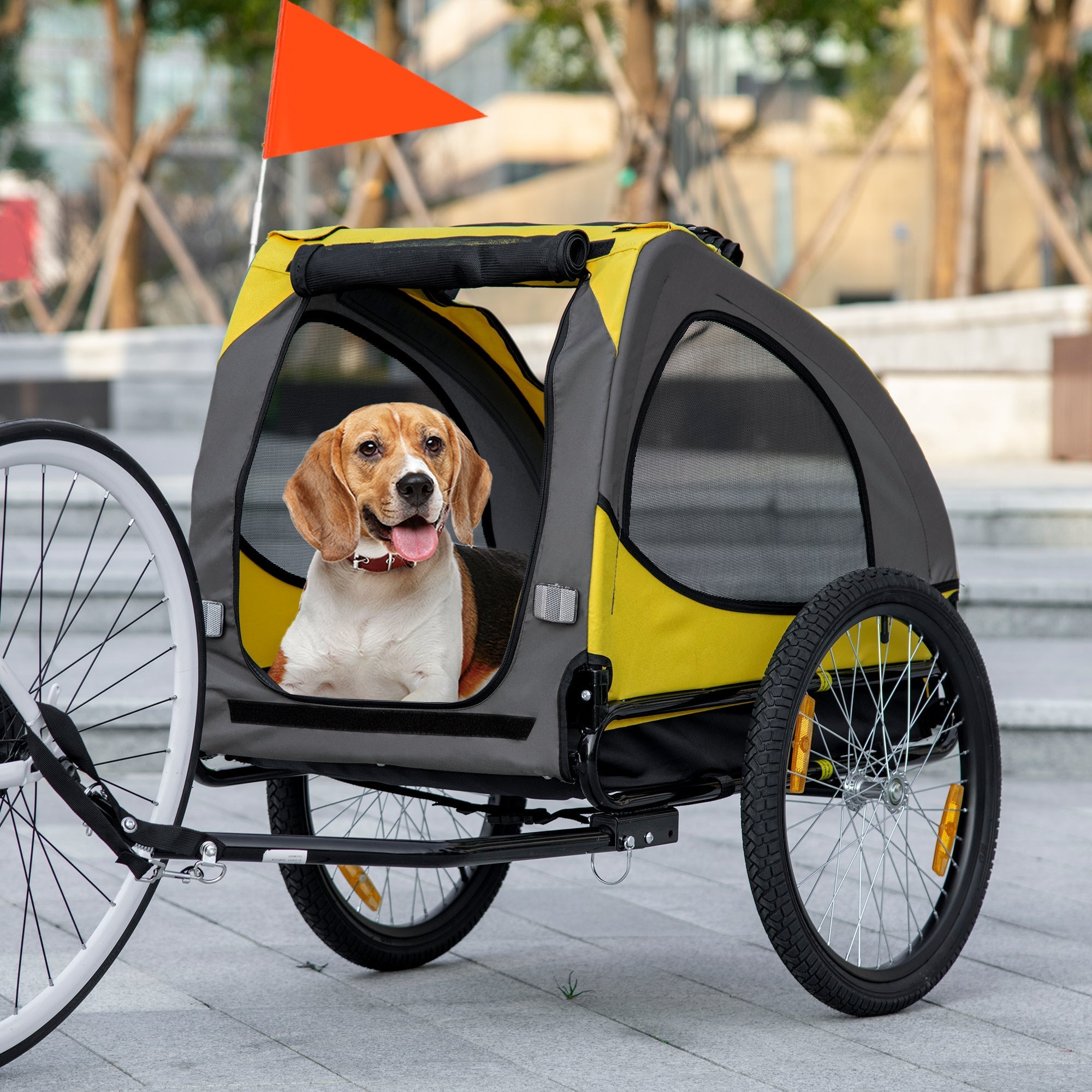 Aosom Medium Dog Bike Trailer with Hitch Coupler Quick Release Wheels Reflectors Flag Yellow