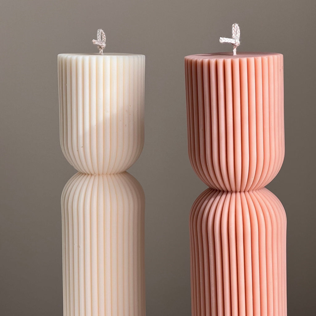 Ribbed Hourglass Pillar Candle: Sculptural Striped Soy Candle