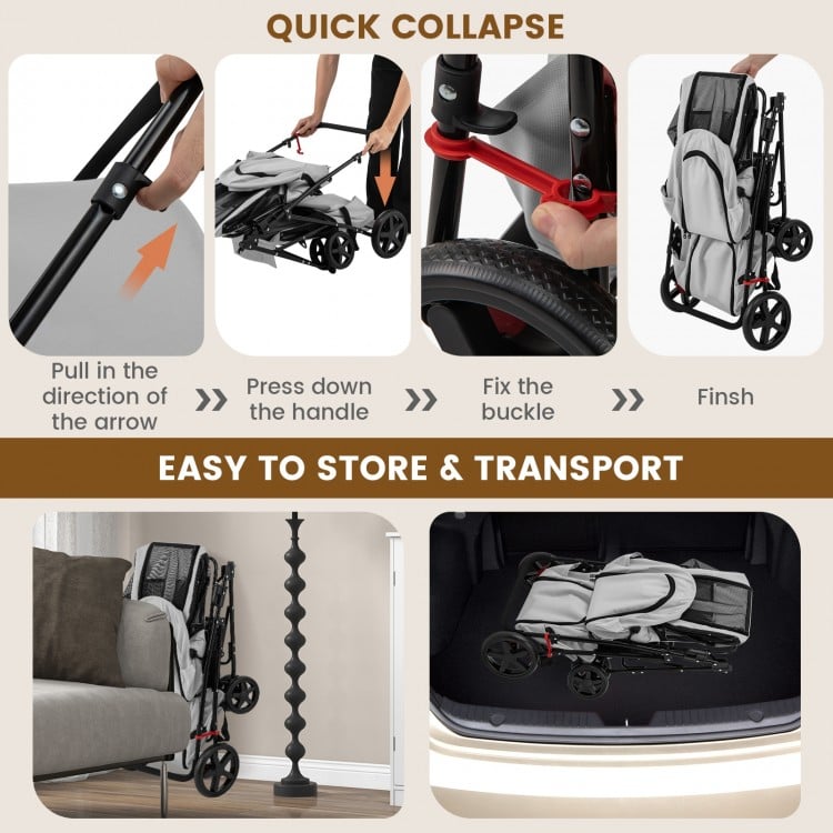 4-in-1 Double Pet Stroller with Detachable Carrier and Travel Carriage-Gray