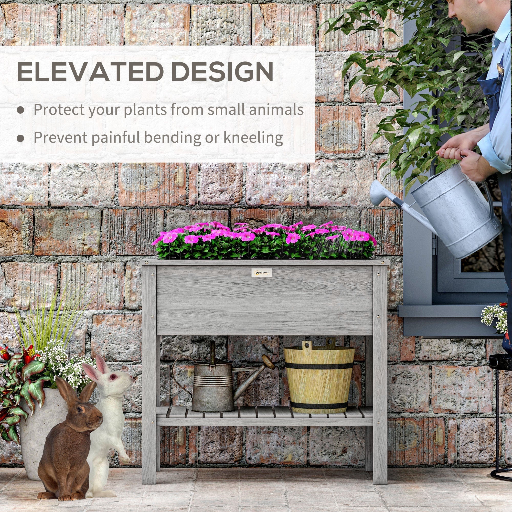 Outsunny Elevated Planter Paradise: Raised Bed Box with Shelf for Flowers, Vegetables, and Planter Box, Drain Holes, 36"x16"x32", Grey