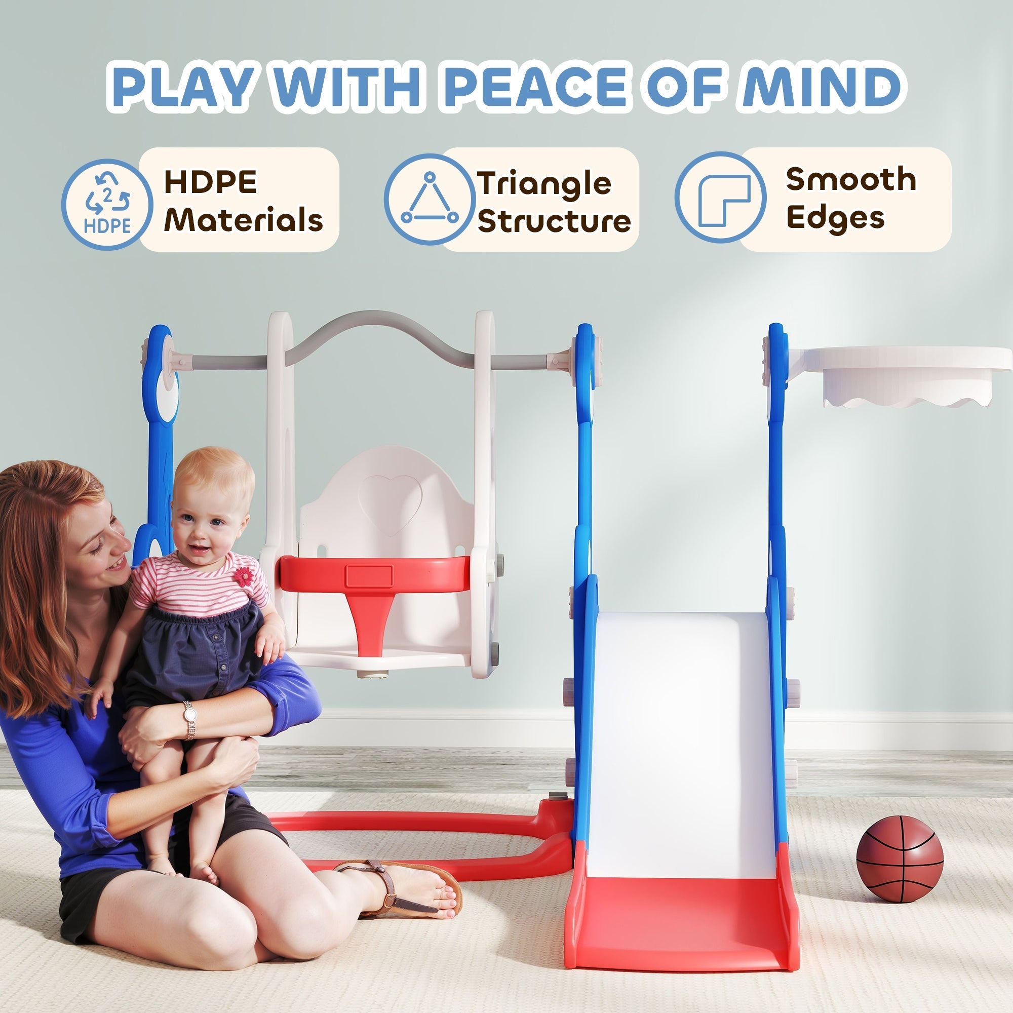 Qaba 4-in-1 Slide and Swing Set with Basketball Hoop, Climber, for Ages 1.5-4 Boys Girls Toddler, Rocket Themed, Dark Blue