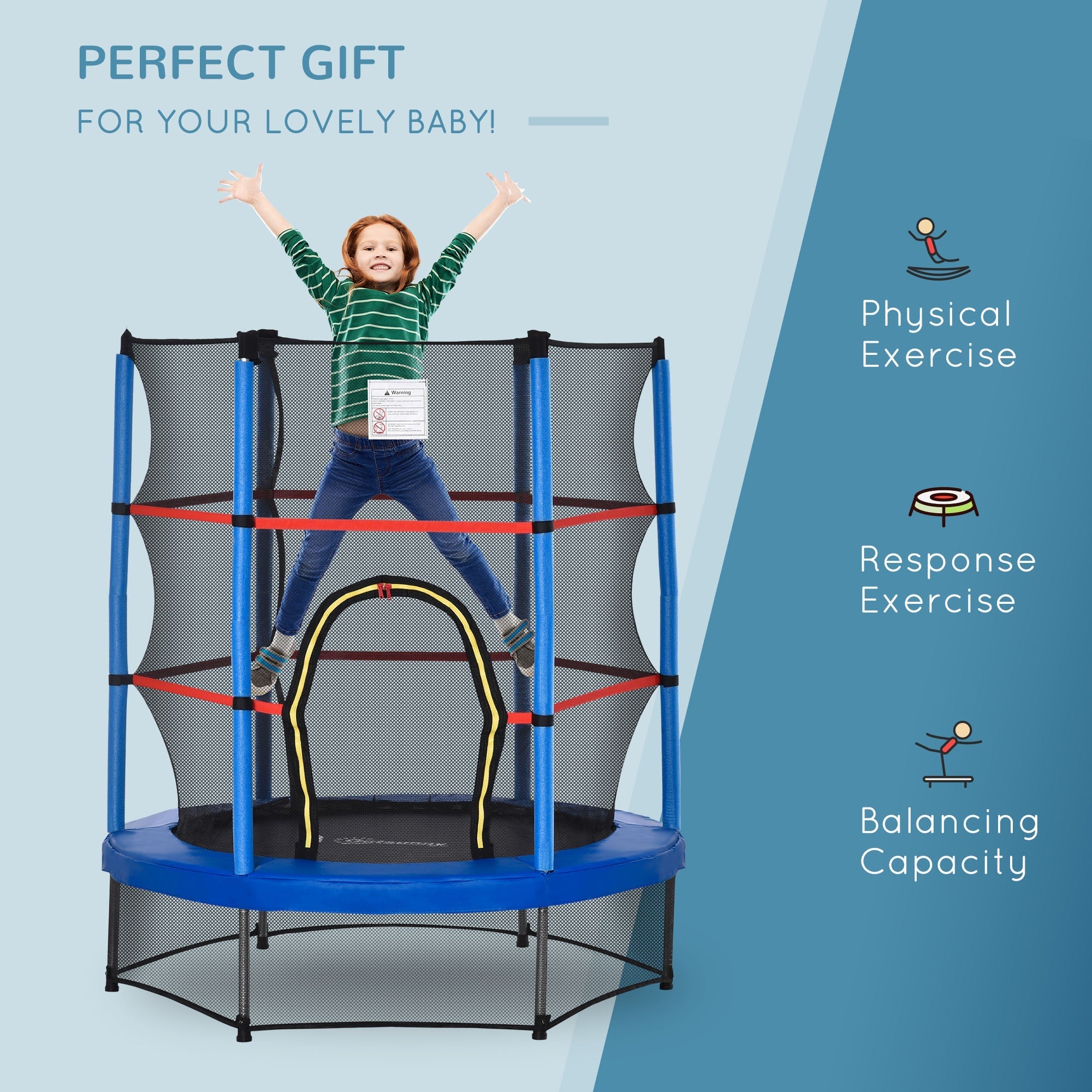 Outsunny 55" Kids Trampoline Enclosure Net Steel Frame Indoor Round Bouncer Rebounder 3-6 Years Blue Toy