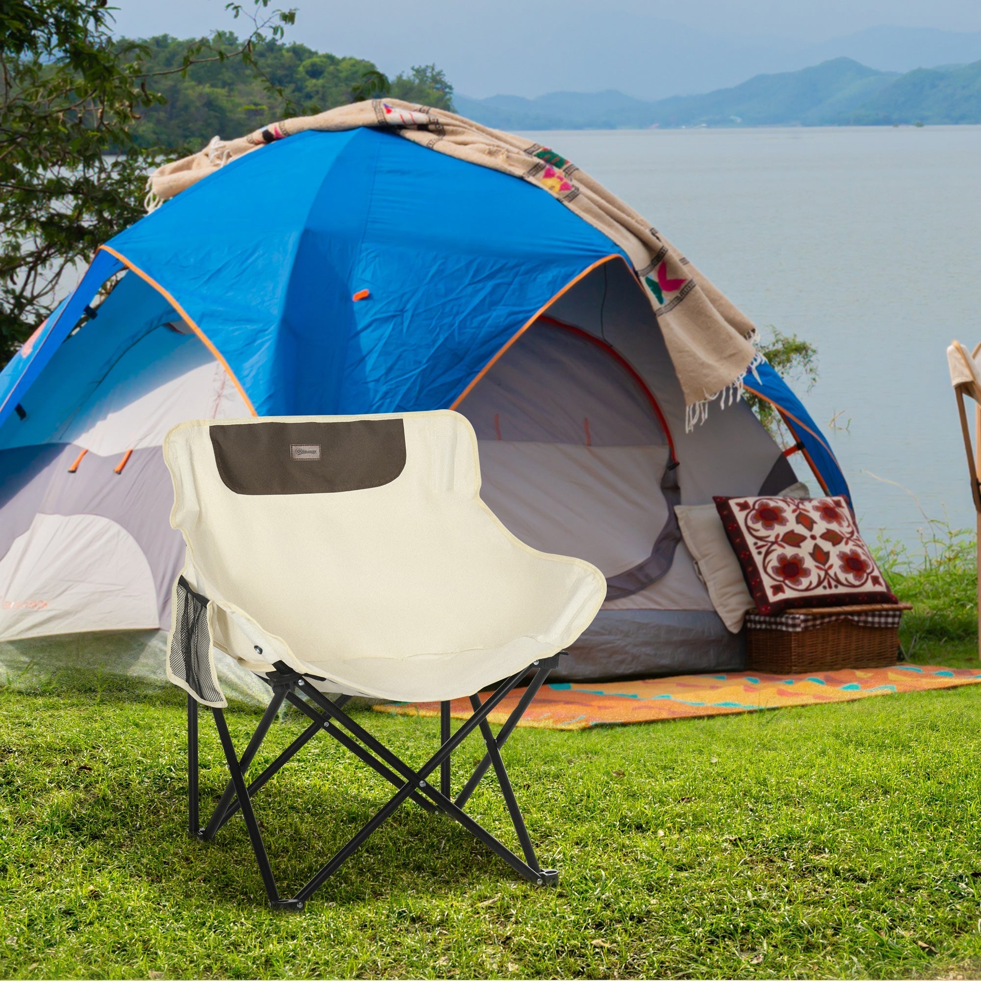 Outsunny Folding Camping Chair Lightweight Portable Chair for Outdoor Hiking Backpacking with Carry Bag Side Pocket White