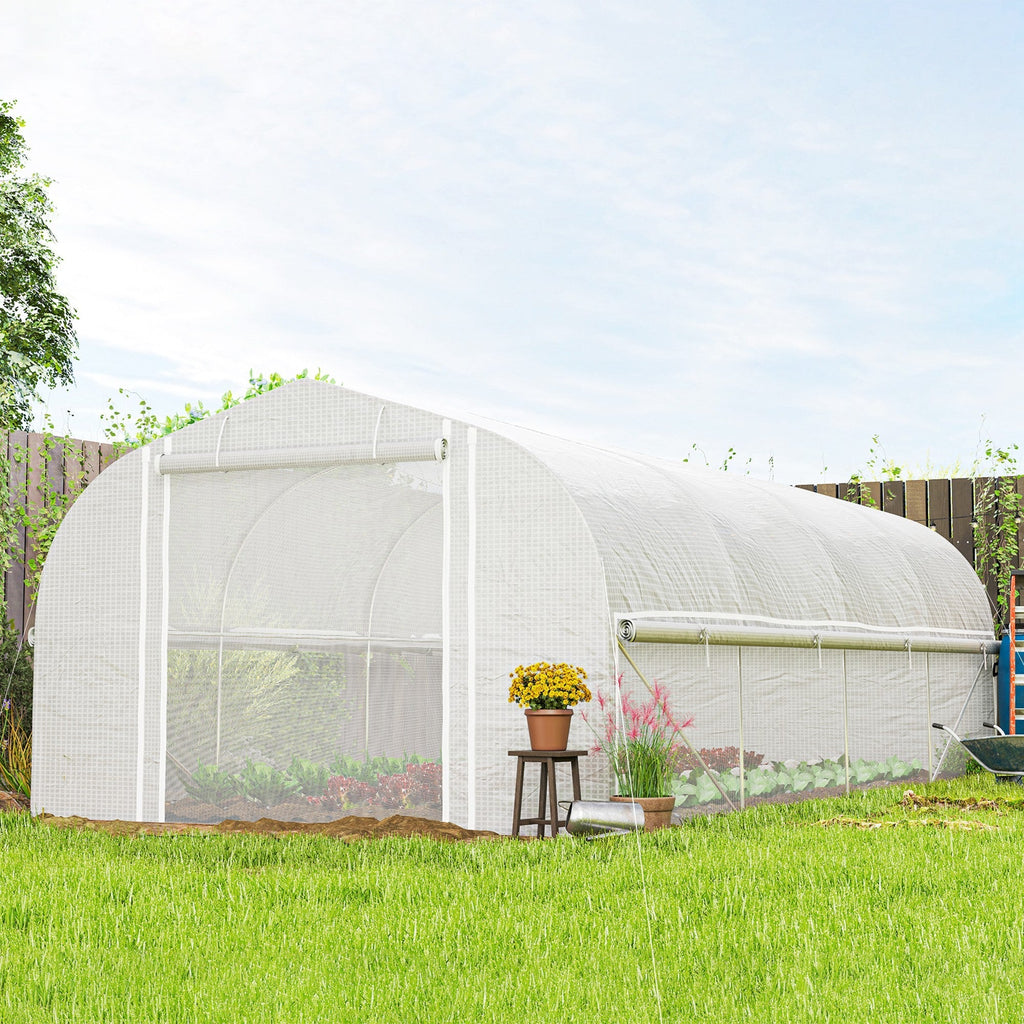 Outsunny 19.5' x 10' x 6.6' Tunnel Greenhouse Outdoor Green House with Roll-up Mesh Sidewalls, Mesh Door, Galvanized Steel, White