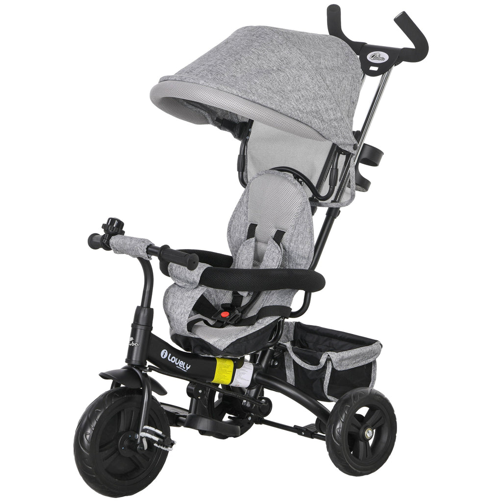Qaba 4-in-1 Convertible Toddler Tricycle Stroller with Canopy Basket Safety Harness for Kids 12-60 Months Grey