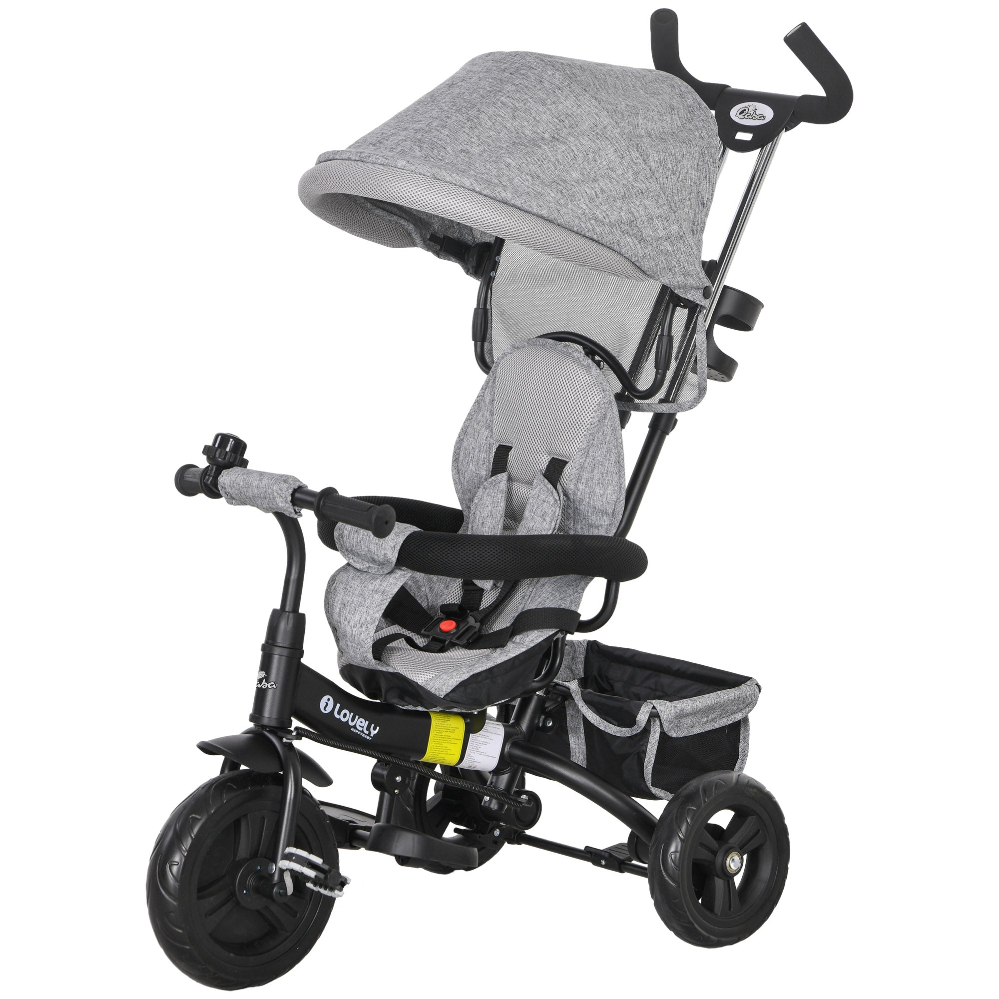 Qaba 4-in-1 Convertible Toddler Tricycle Stroller with Canopy Basket Safety Harness for Kids 12-60 Months Grey