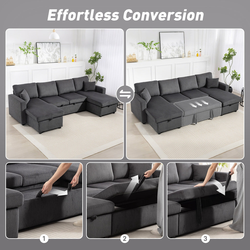 Theo U-Shaped Sleeper Sectional with Storage Chaise-Grey