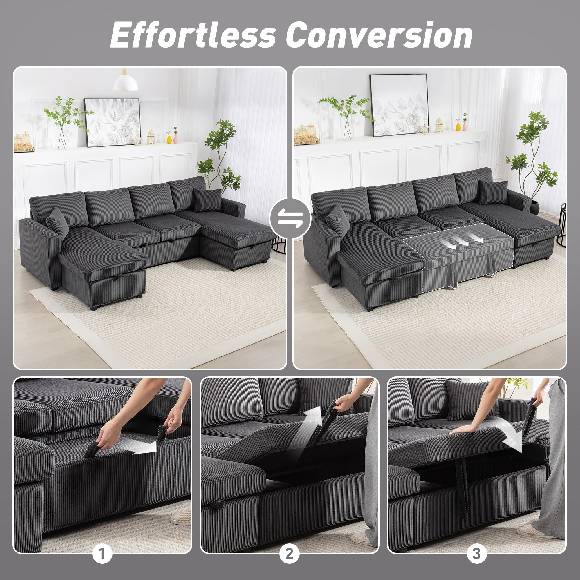 Theo U-Shaped Sleeper Sectional with Storage Chaise-Grey