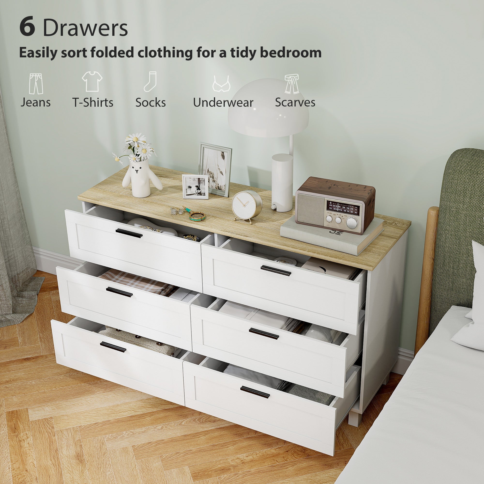 Martha 47" Wide Modern Dresser with 6 Drawers for Bedroom, Living Room and Entryway-White