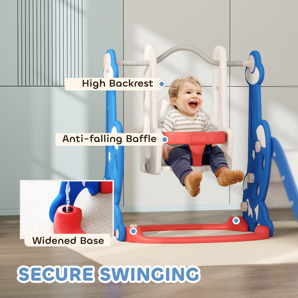 Qaba 4-in-1 Slide and Swing Set with Basketball Hoop, Climber, for Ages 1.5-4 Boys Girls Toddler, Rocket Themed, Dark Blue