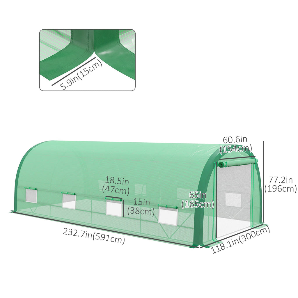 Outsunny 19.5'x10'x6.5' Upgraded Tunnel Greenhouse Mesh Door Windows 15 Plant Labels Gloves Green