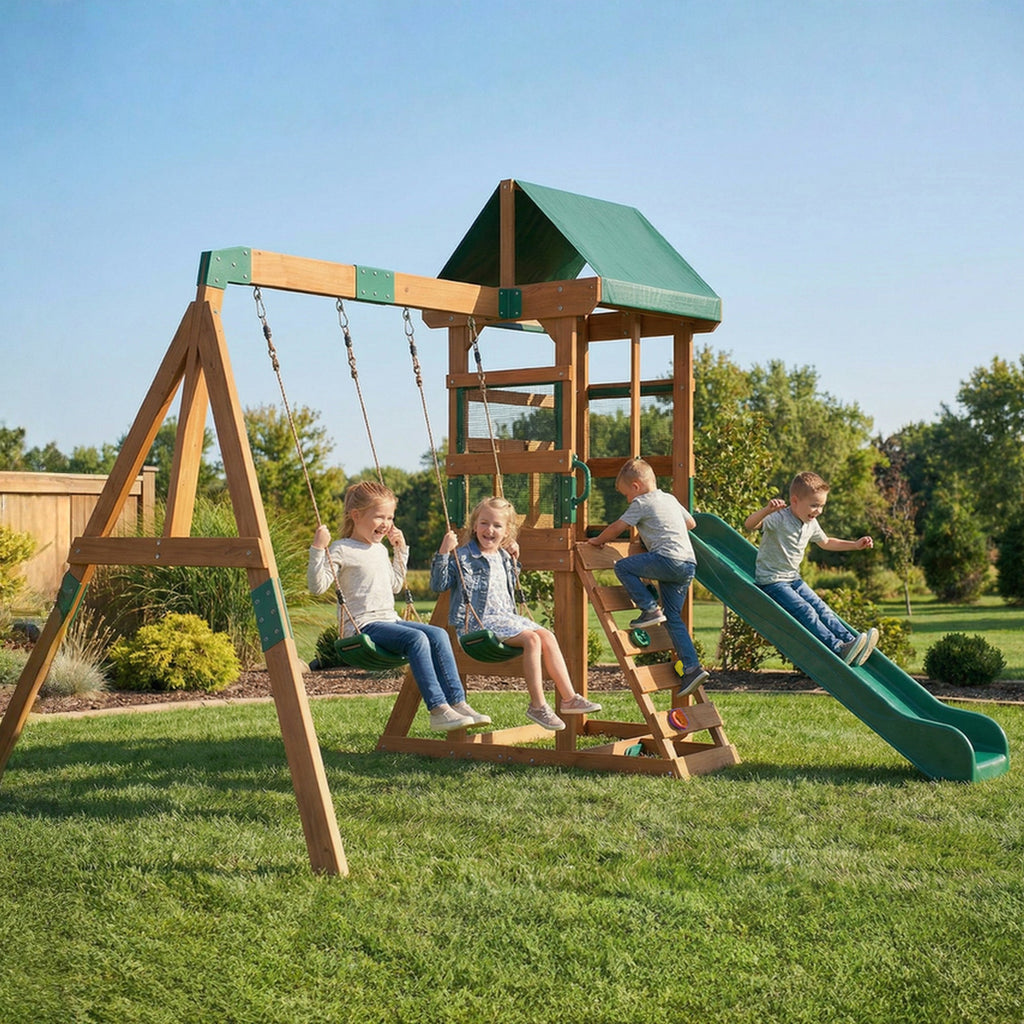Qaba Wooden Swing Set with Slide, 2 Swings & Rock Wall (Kids Outdoor Playset)