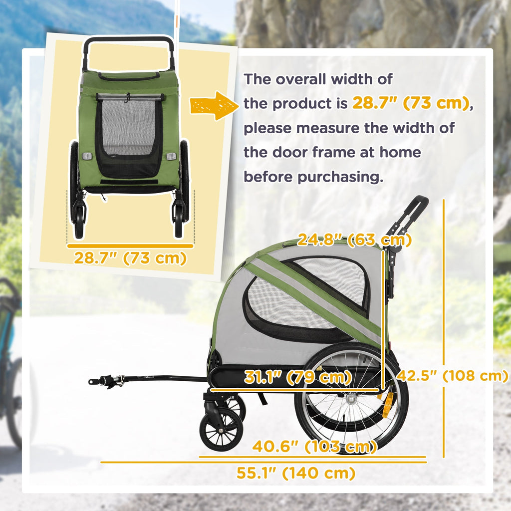 Aosom 2-in-1 Pet Adventure: Dog Bike Trailer Pet Stroller, Green Universal Wheel Reflectors Travel Carrier