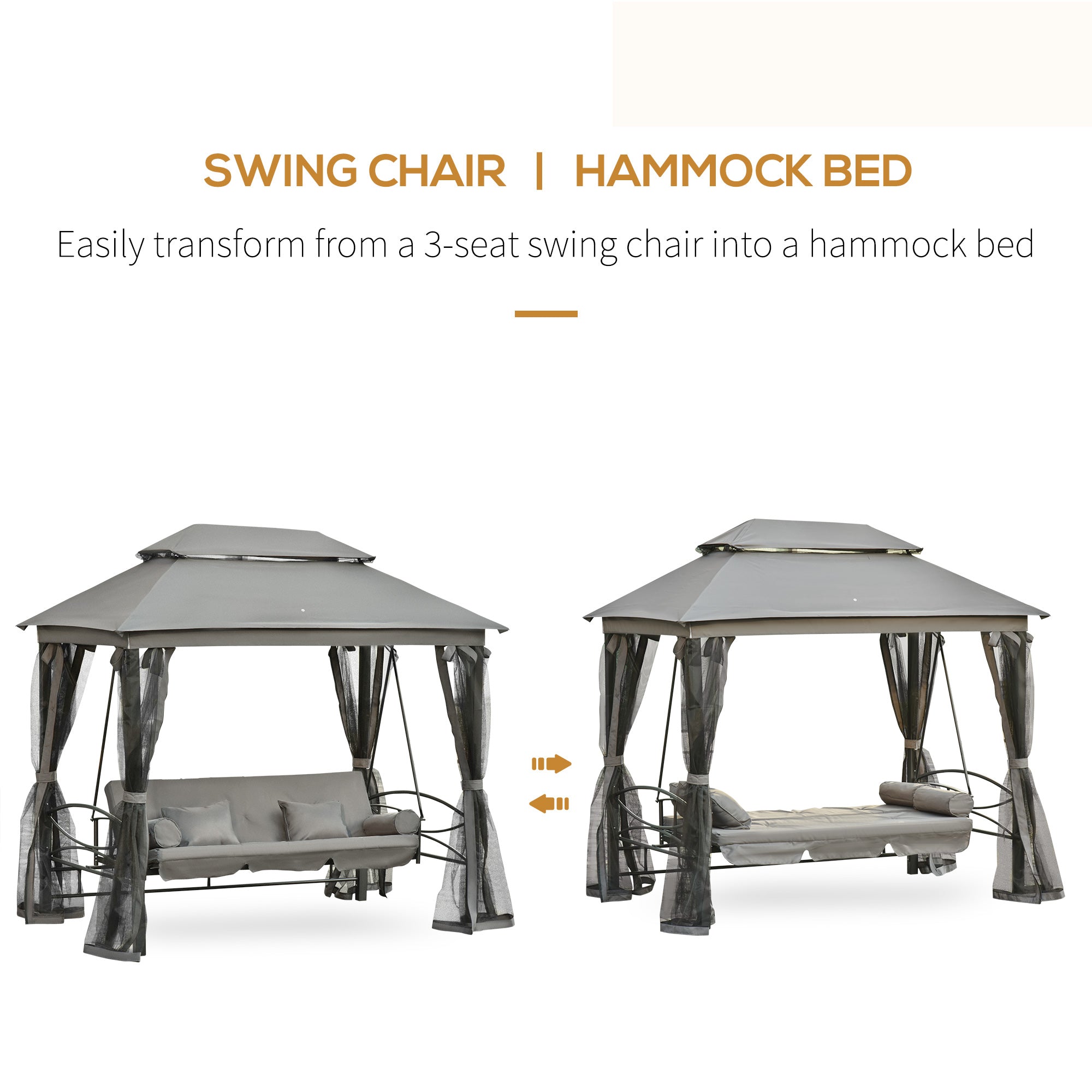 Outsunny 3 Person Outdoor Patio Daybed 3 in 1 Canopy Gazebo Swing Chair Garden Hammock with Mesh Mosquito Net and Sun Shade Grey