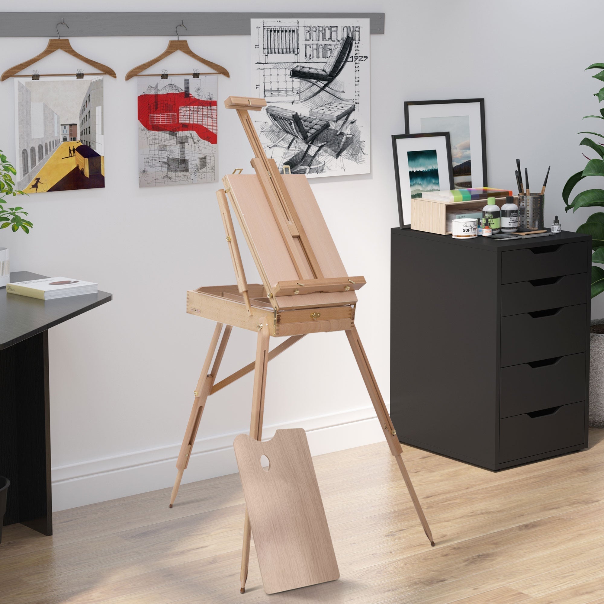 HOMCOM Foldable Art Easel 72.4" Portable Sketch Box French Style Wood Stand Drawer Palette Shoulder Strap Hold Canvas Artist Supplies