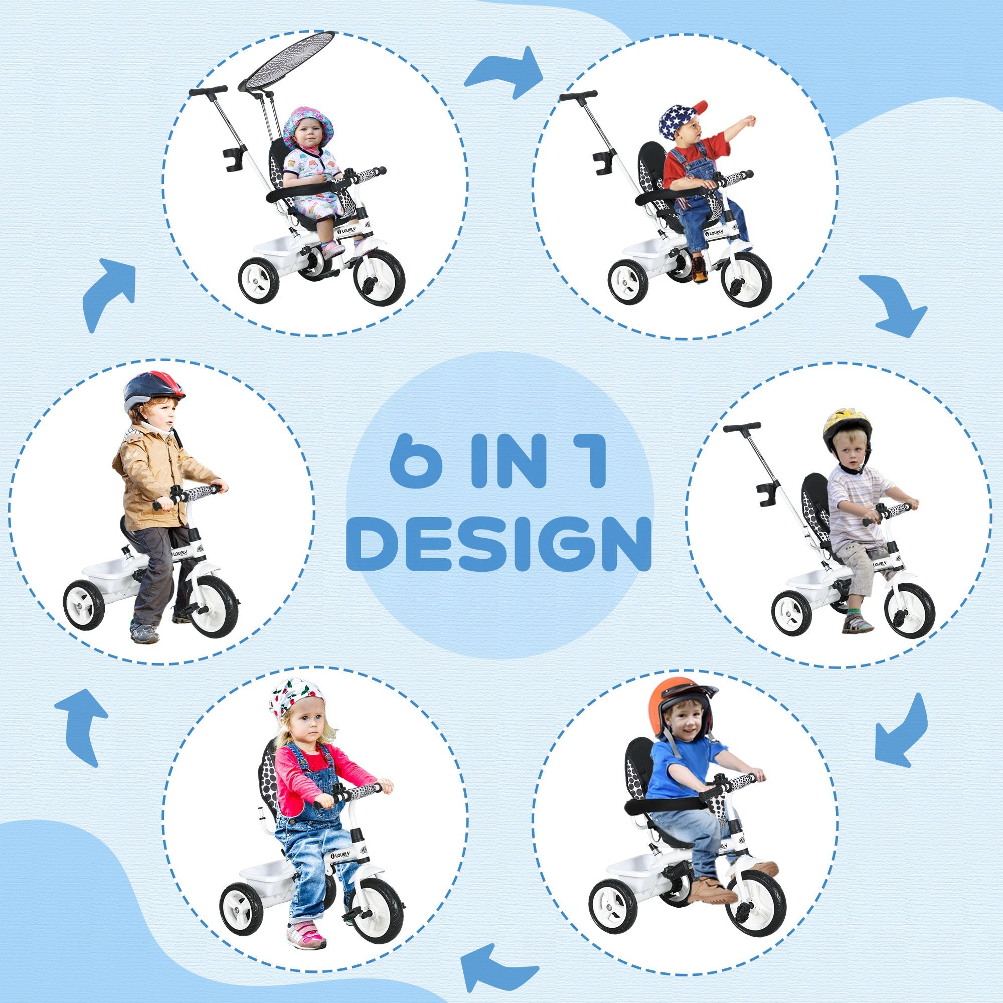 Qaba 4-in-1 Convertible Kids Tricycle with Removable Handlebar and Canopy White